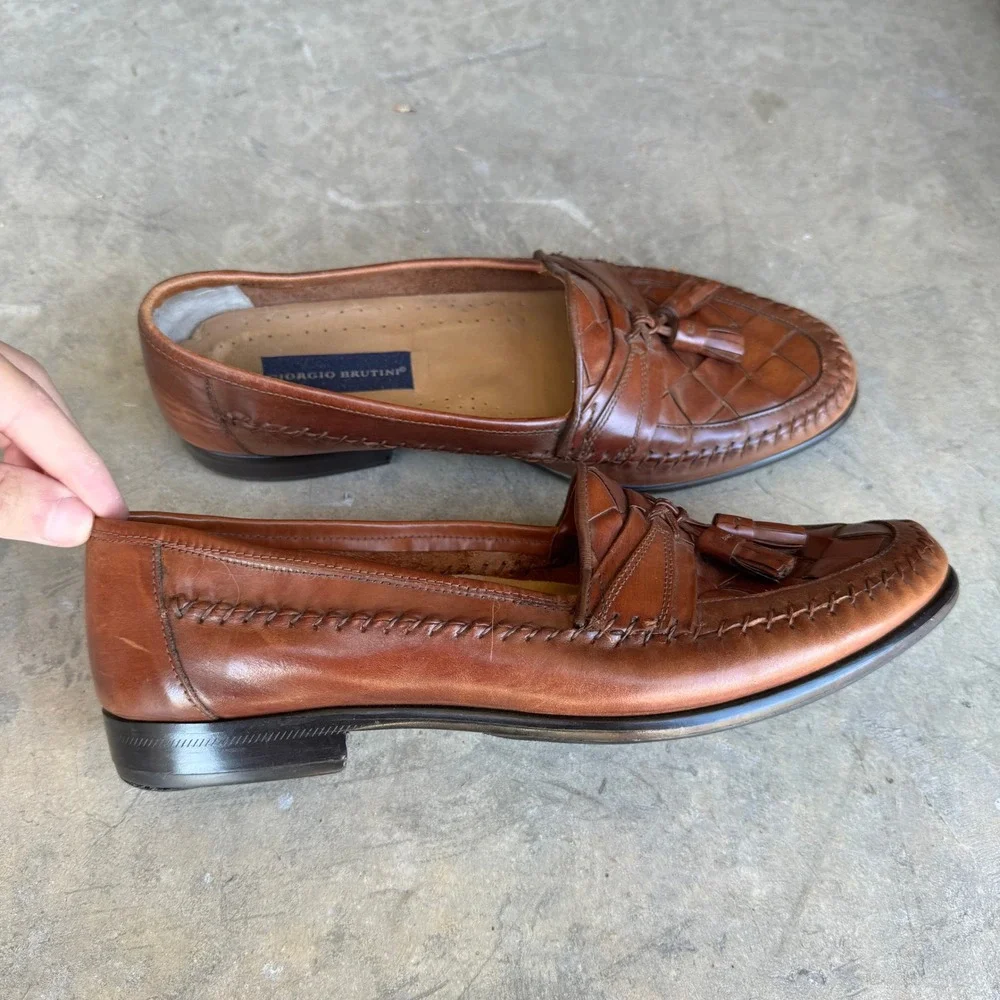 Giorgio Brutini‎ Mens 11D Woven Leather Tassel Loafers Tan Brown Slip On Shoes
